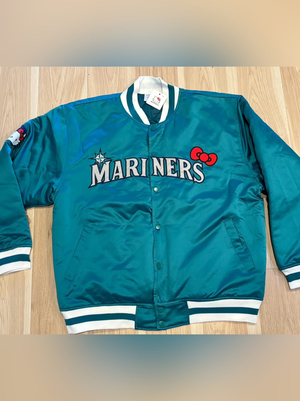 Seattle Mariners Hello Kitty Teal Satin Bomber Jacket Size XL MLB Unisex